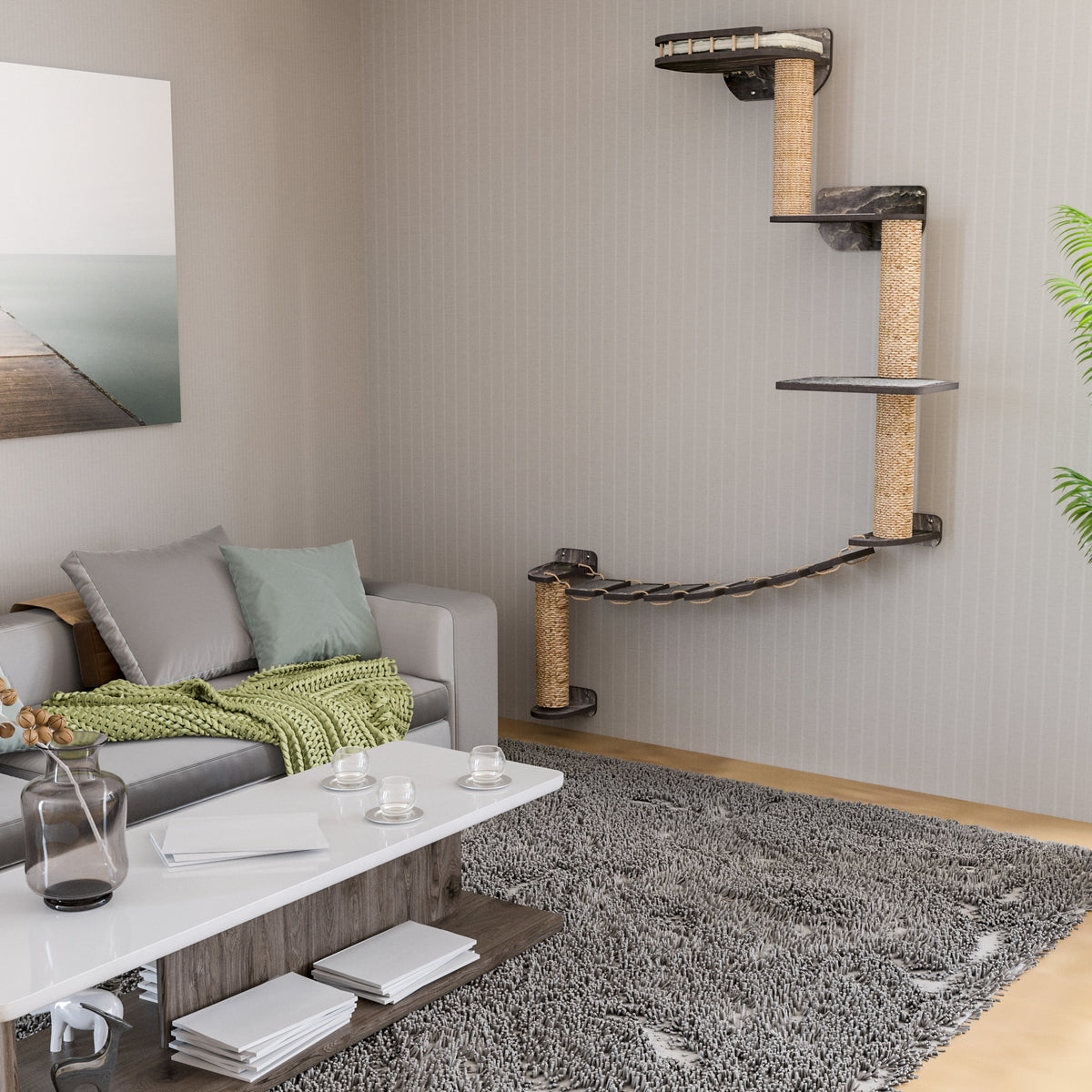 Wand-Kratzbaum mit Kratzbäumen, Regalen und Brücke – Jetzt kaufen – RshPets