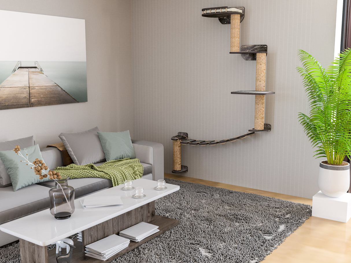 Modular Wall-Mounted Cat Tree with Bridge, Scratch Posts & Shelves