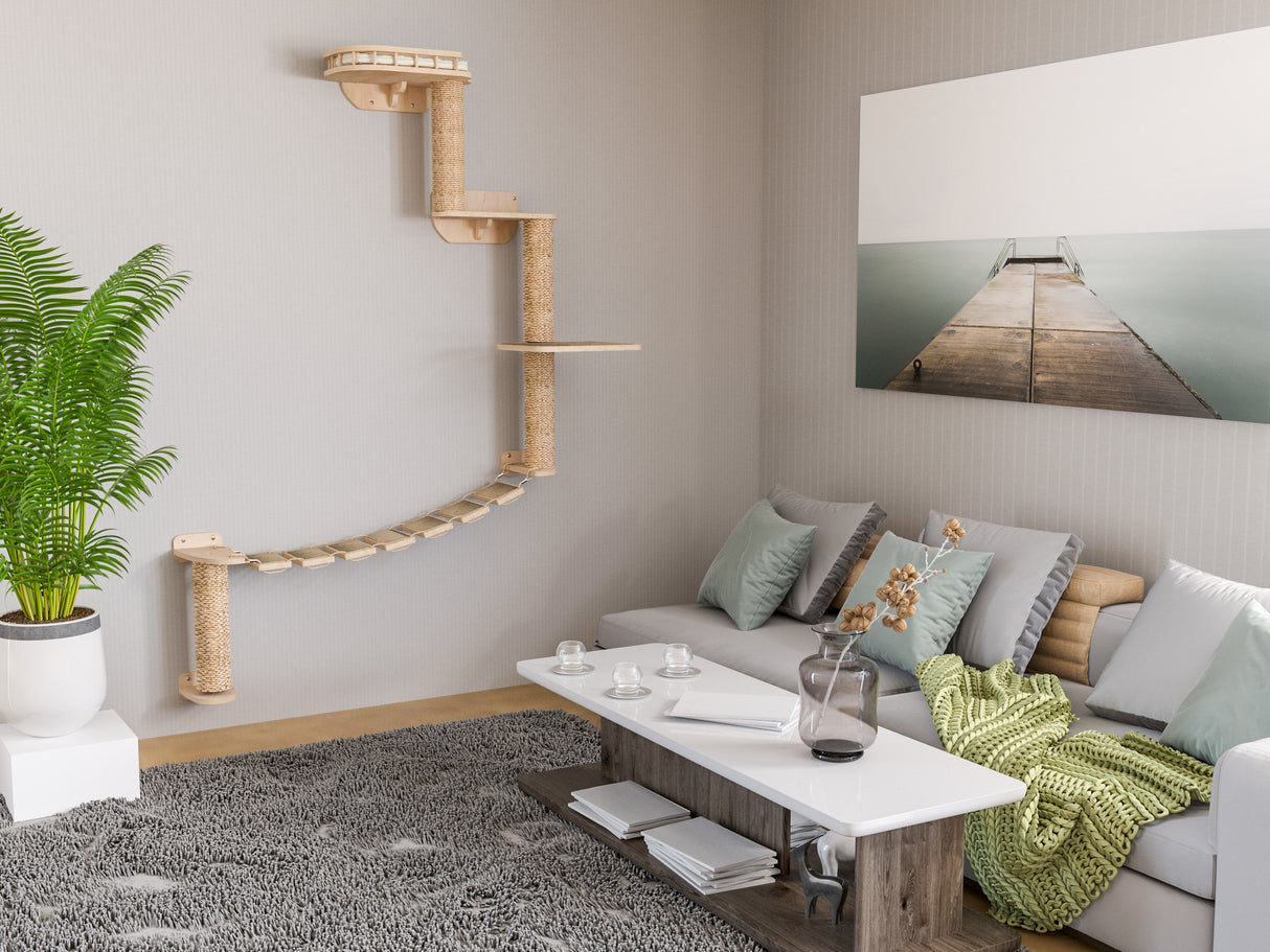 Modular Wall-Mounted Cat Tree with Bridge, Scratch Posts & Shelves