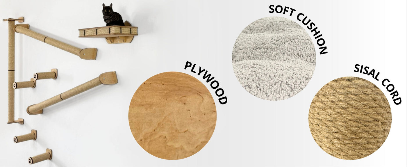 Cat furniture components including plywood, soft cushion, and sisal cord with labels on a white background.