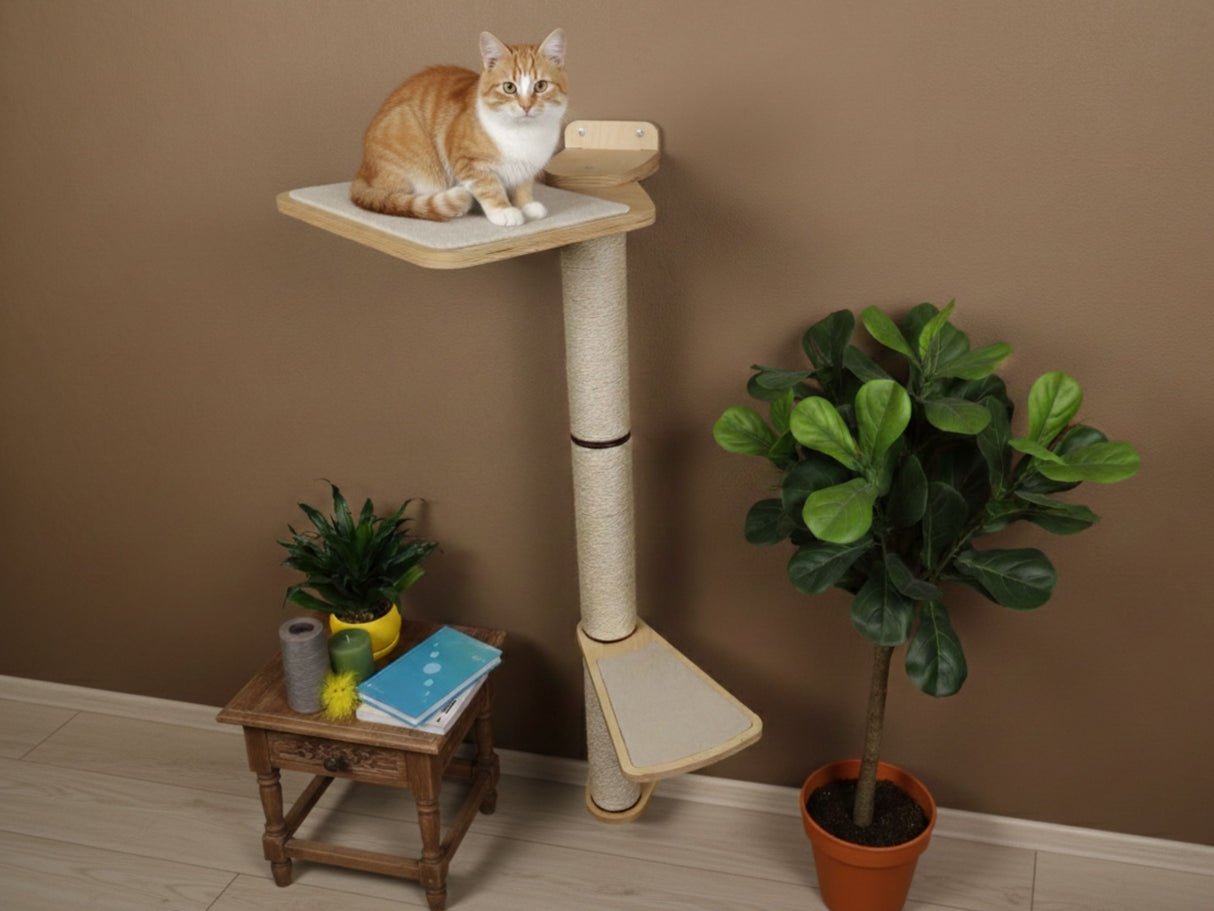Cat sitting on a cat tree with plants and a small table in the background