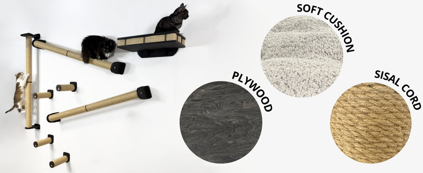 Cat play structure with materials used in its construction displayed below.