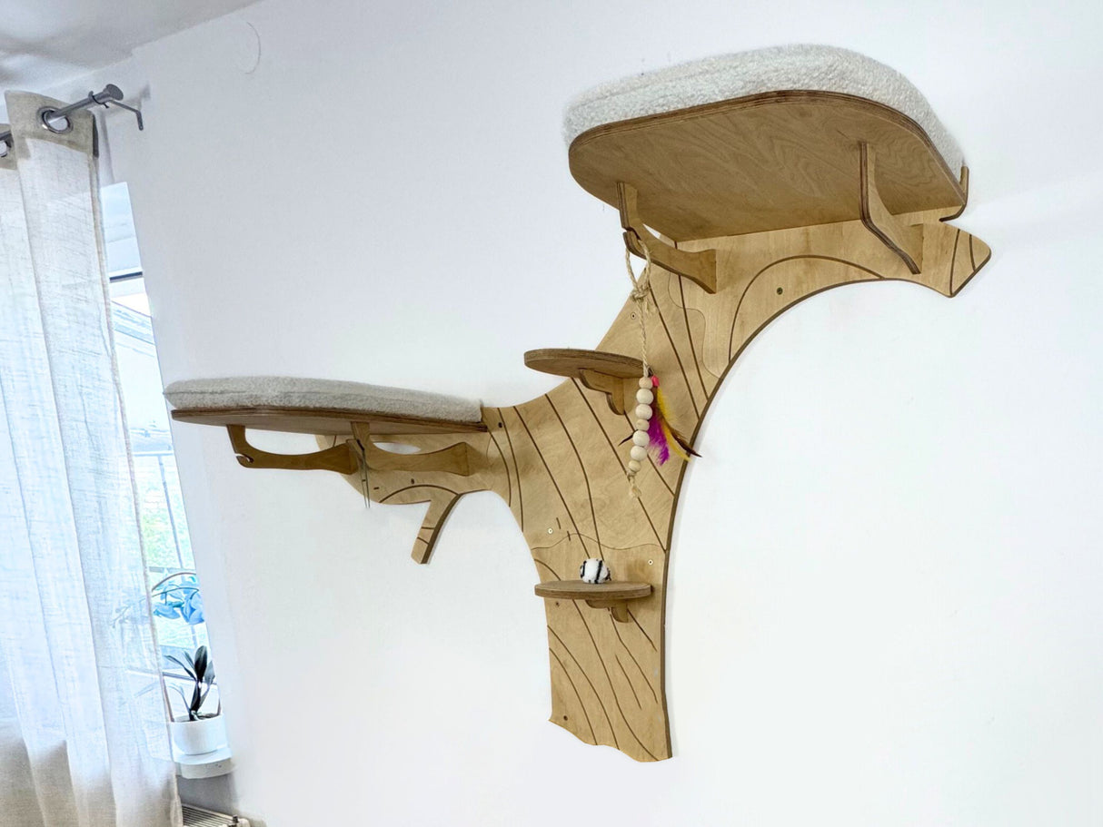 Wooden shelf designed like a whale on a white wall