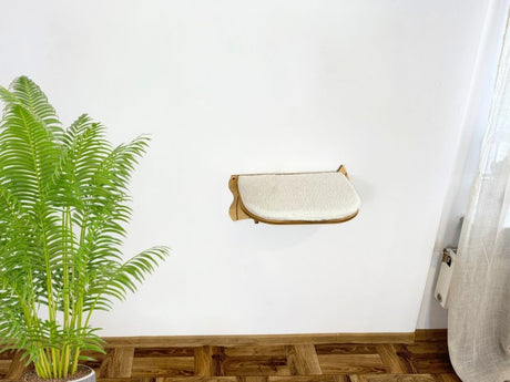 Cat wall-mounted bed against a white wall with a plant on the left.