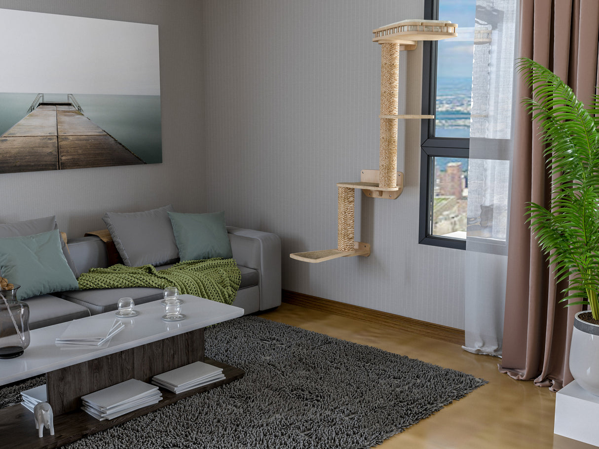 Modern living room with a gray sofa, coffee table, and cat wall tree.
