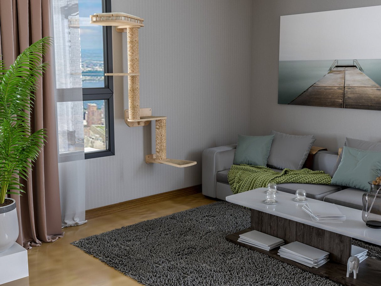 Modern living room with a gray sofa, coffee table, and cat wall tree.