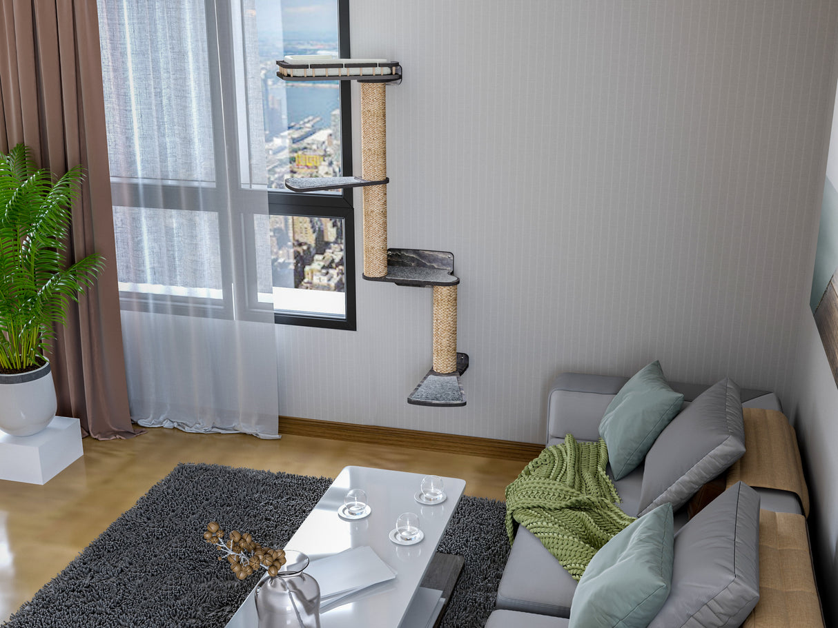 Living room with a cat tree, sofa, and cat wall tree.