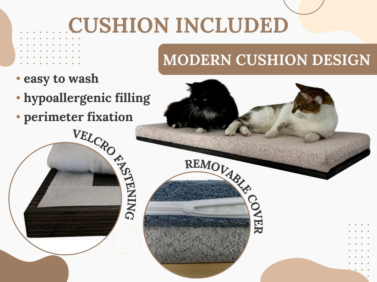 Wooden floating cat bed for large cats with soft padding