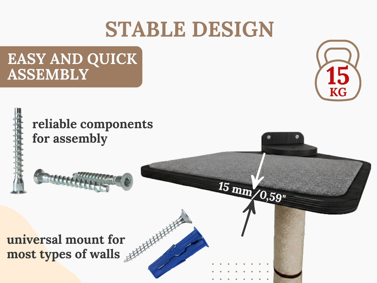 Product with assembly components and text highlighting stability and assembly ease.