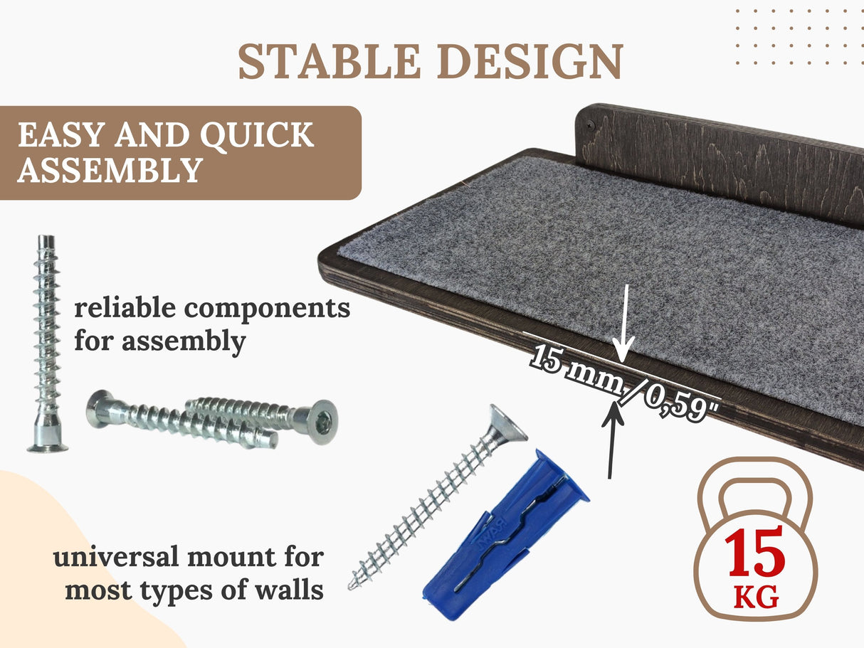 Cat shelf with assembly components and stability features on a white background