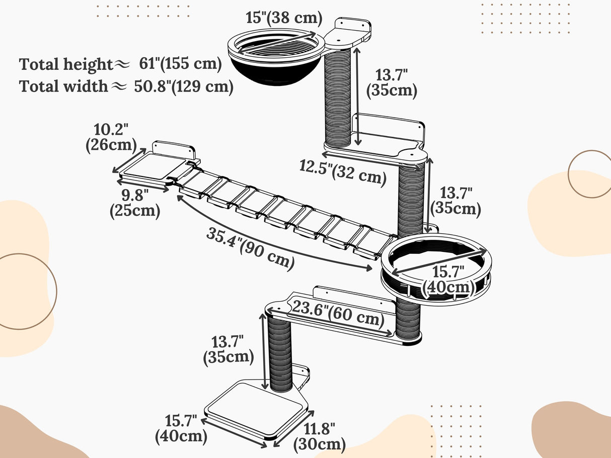 Measurement chart of a cat play structure with dimensions labeled.