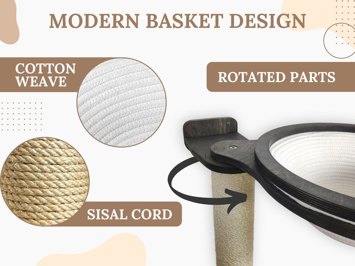 Modern cat basket design with cotton weave, sisal cord, and rotated parts on a beige background.