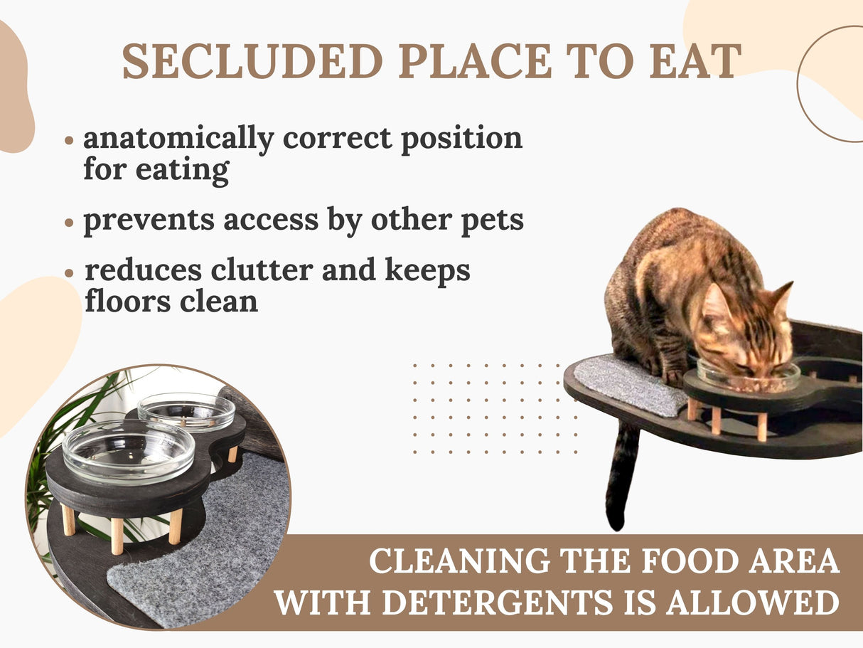 Cat feeding shelf in dark color - wall mounted