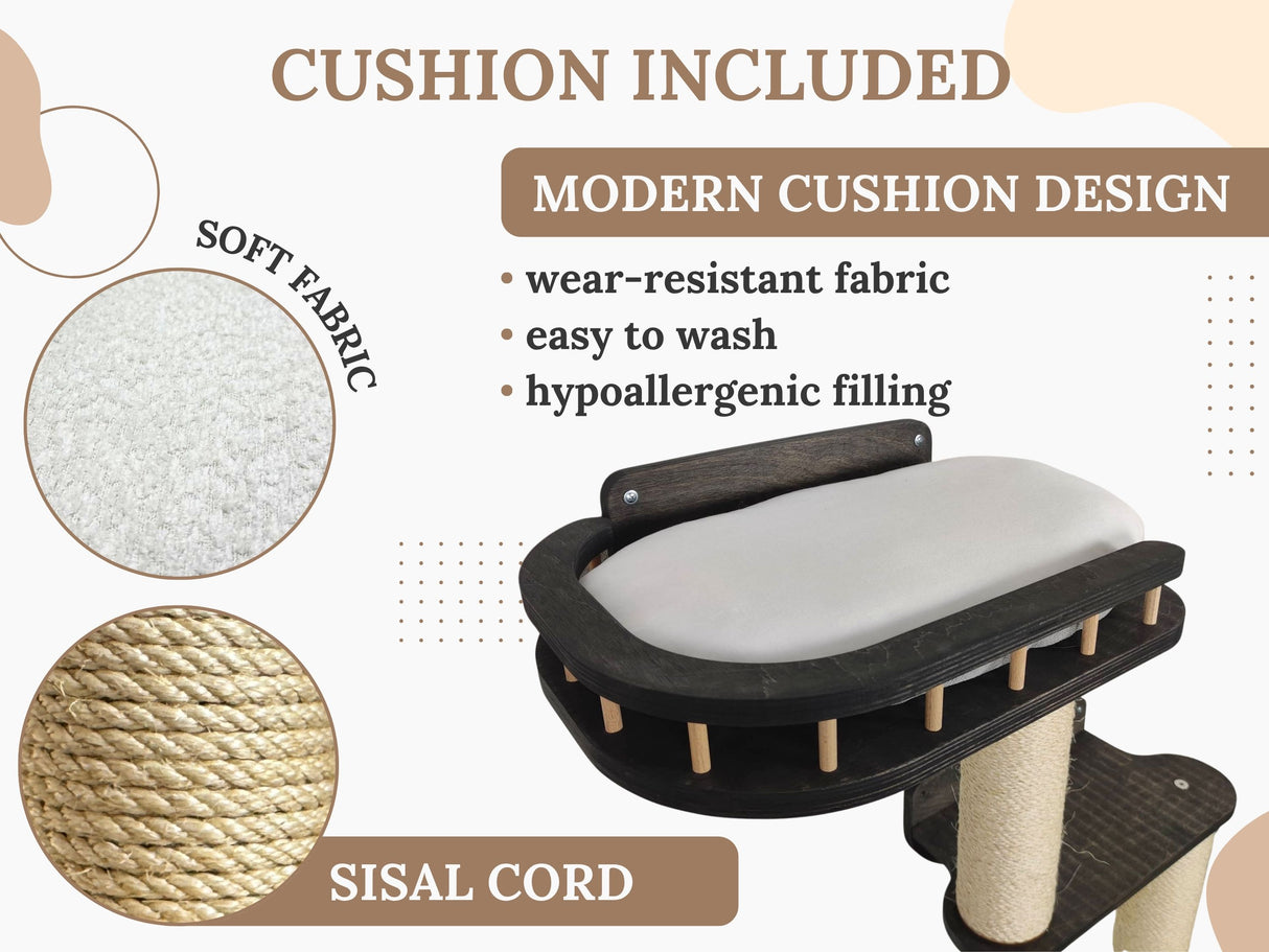 Cat tree with cushion and features highlighted on a beige background