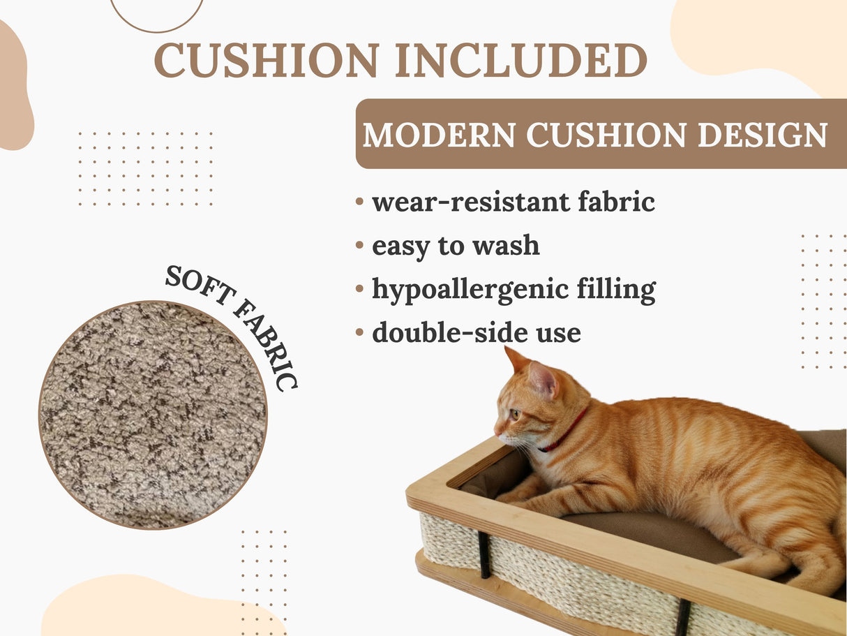 Cat lying on a cushion with product features listed on a beige background