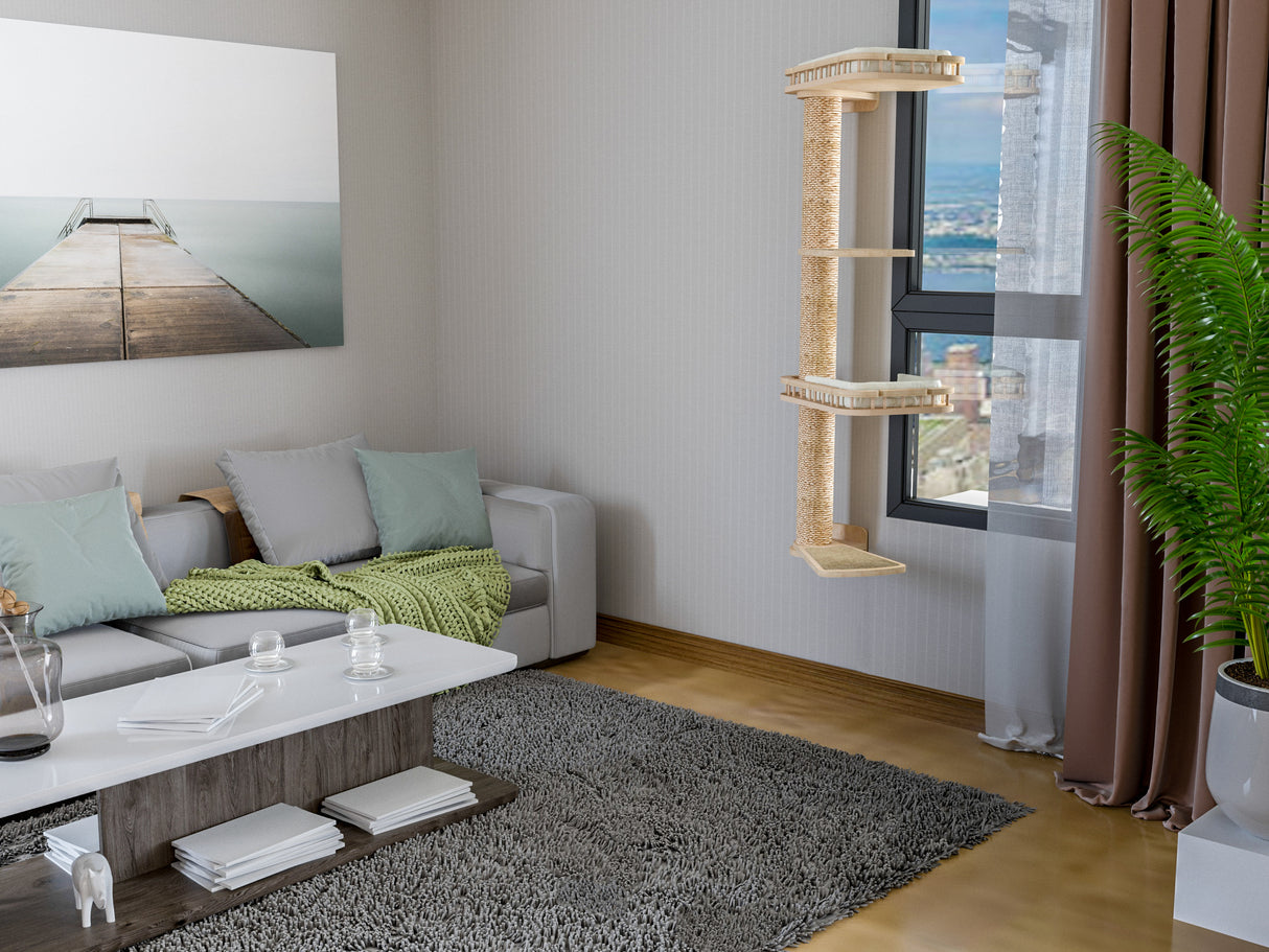 Modern living room with a gray sofa, coffee table, and cat wall tree