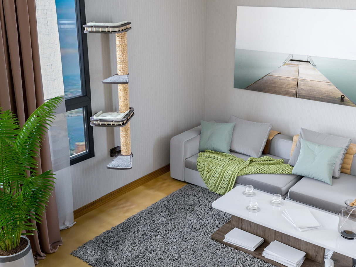 Modern living room with a gray sofa, coffee table, and cat tree.