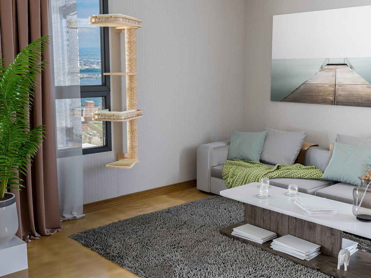 Modern living room with a cat tree, sofa, and cat wall furniture
