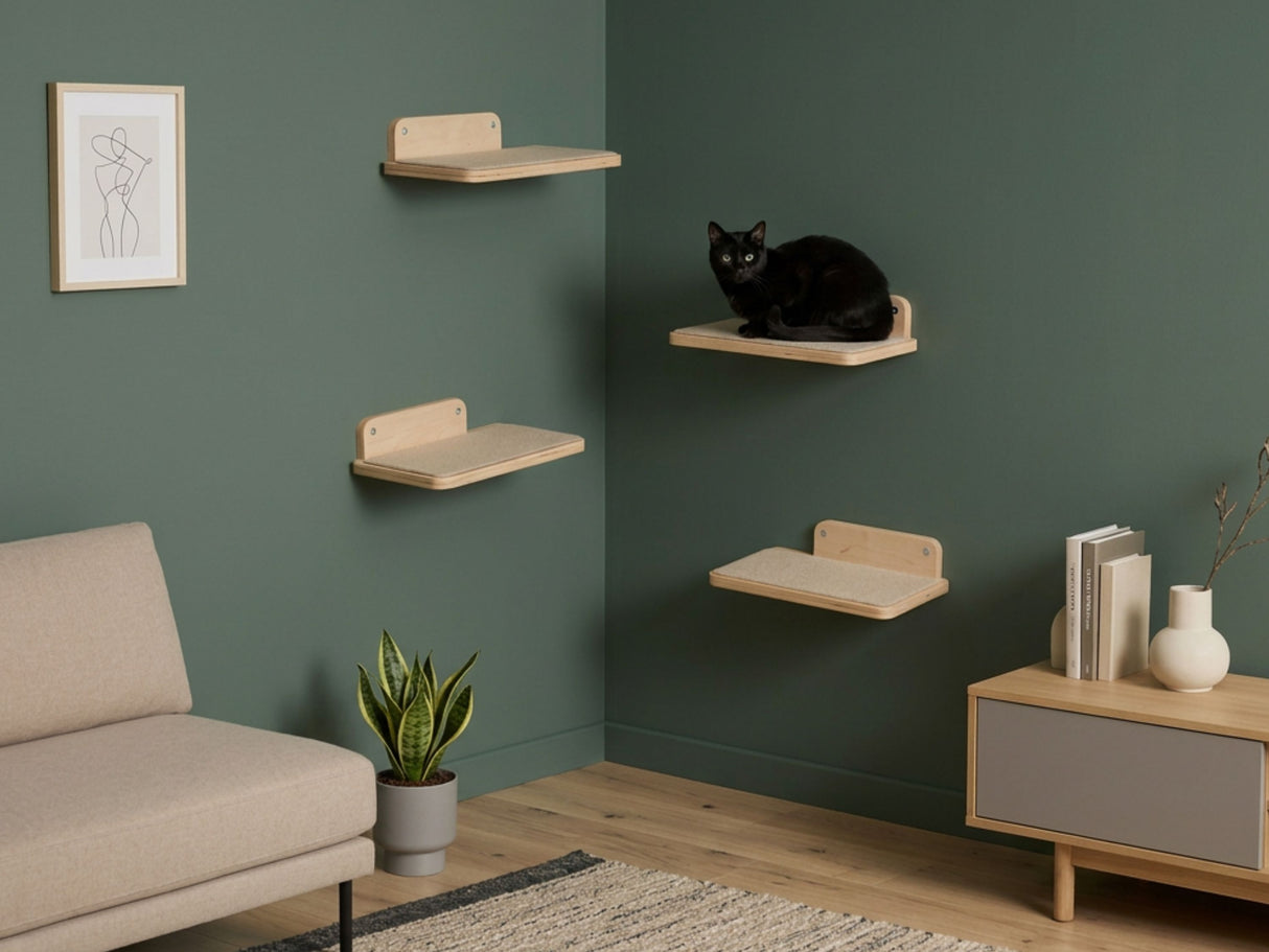 Cat wall shelves, natural color of wood