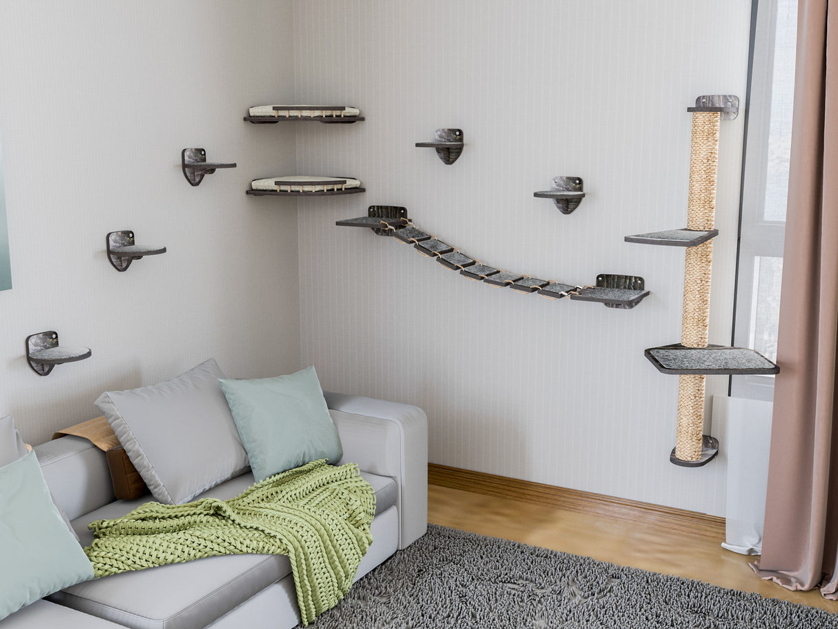 Cat tree with shelves and a scratching post in a living room setting.