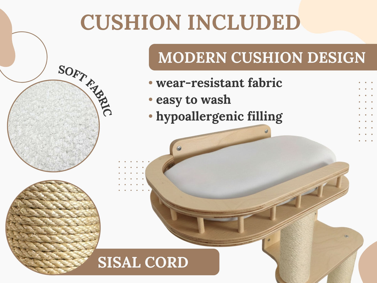Wooden cat tree with cushion and text about cushion features