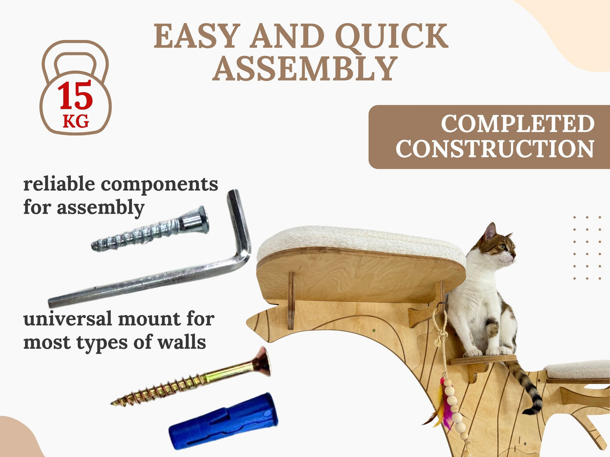 Cat tree assembly process with tools and a completed cat tree with a cat on top.