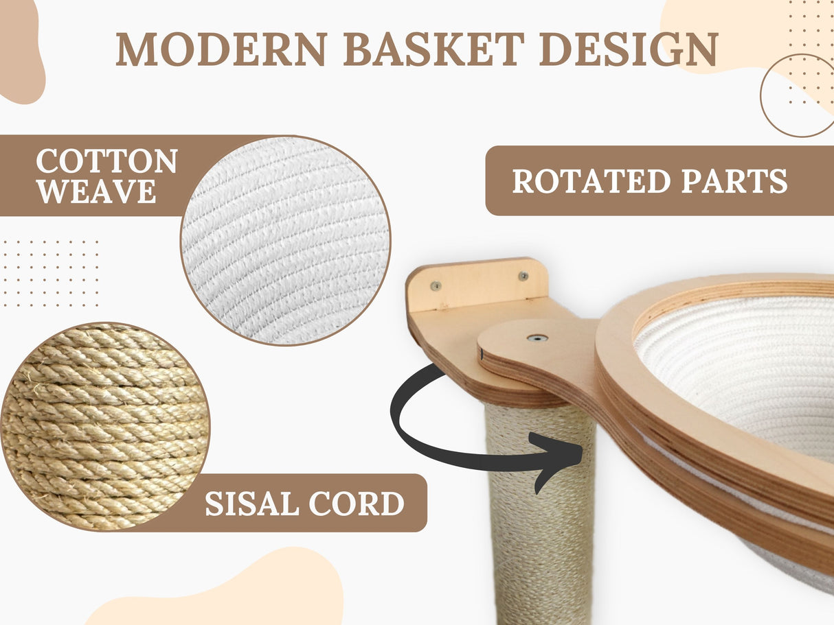 Diagram of a modern basket design with cotton weave, sisal cord, and rotated parts.
