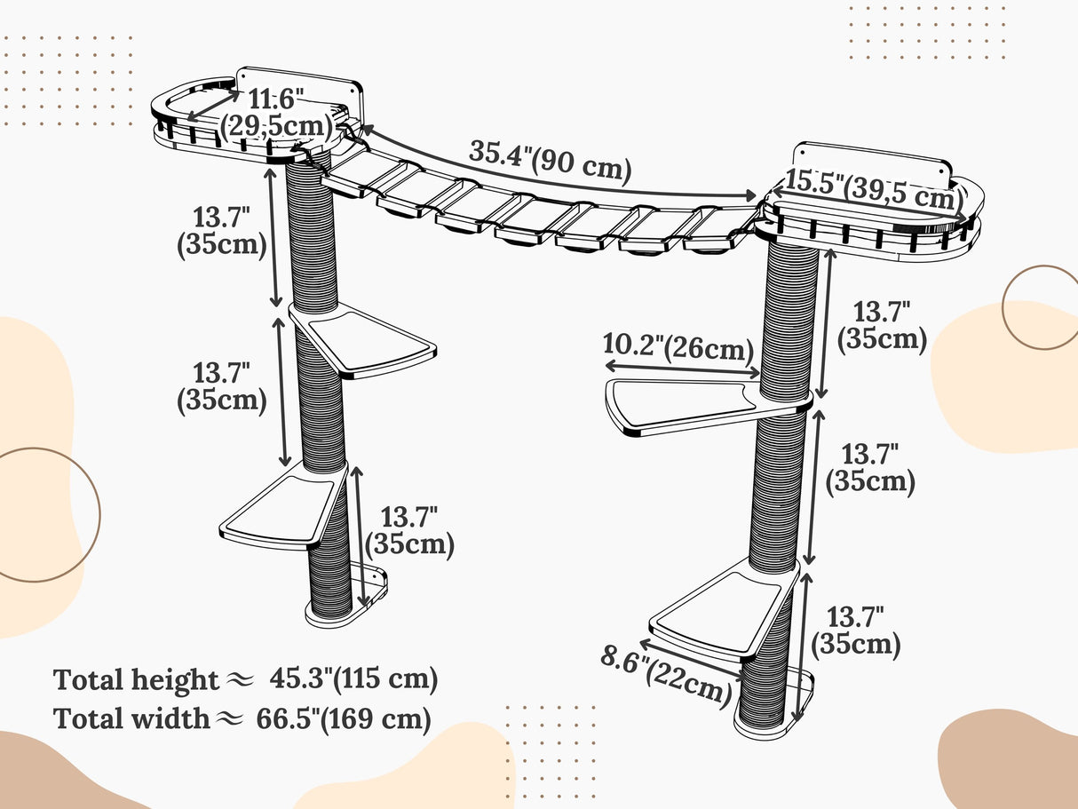 Detailed measurement chart of a cat tree with dimensions labeled.