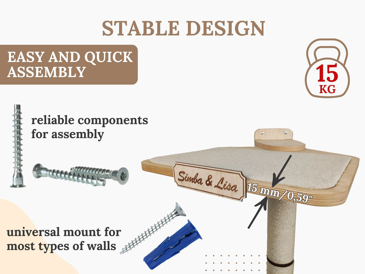 Cat tree with assembly components and stability information on a beige background