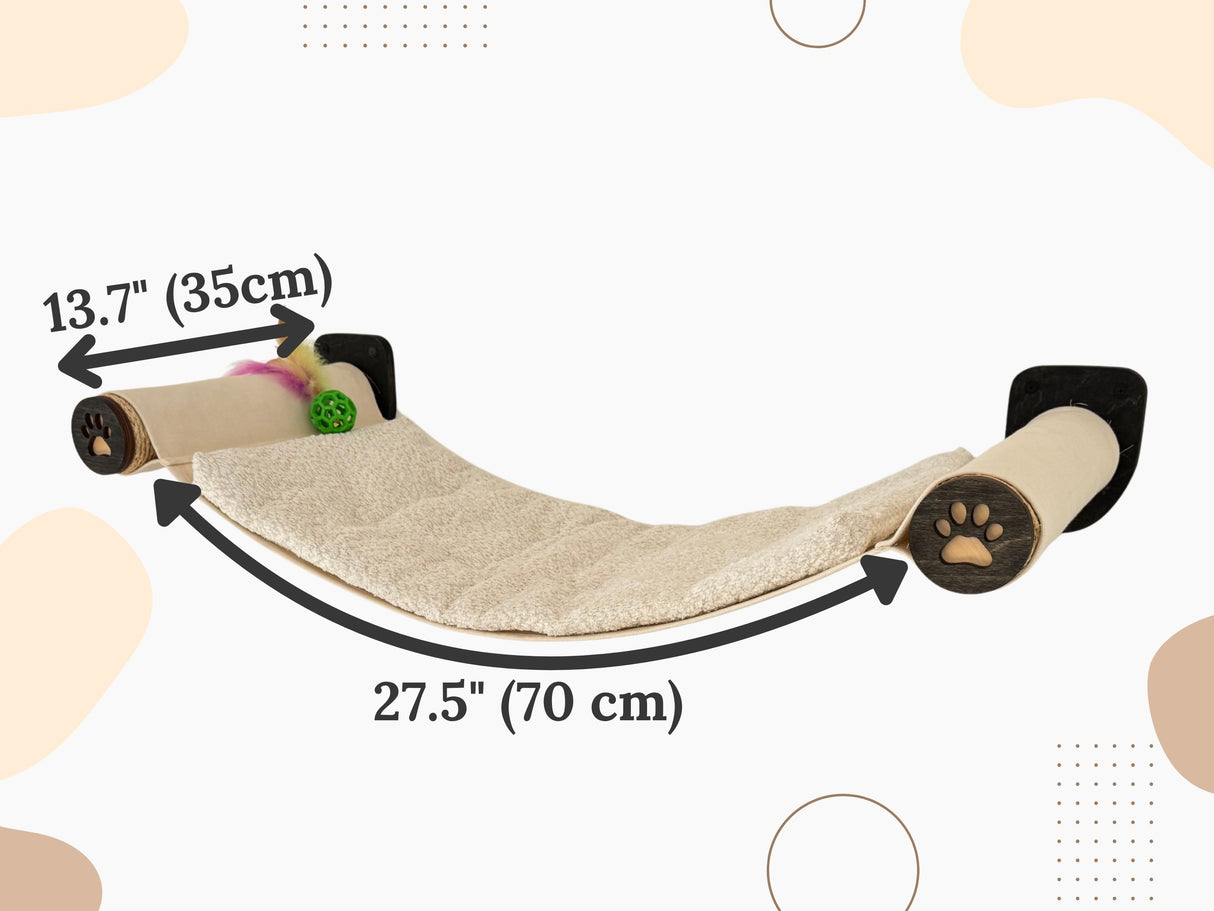 Cat hammock with measurements on a light background