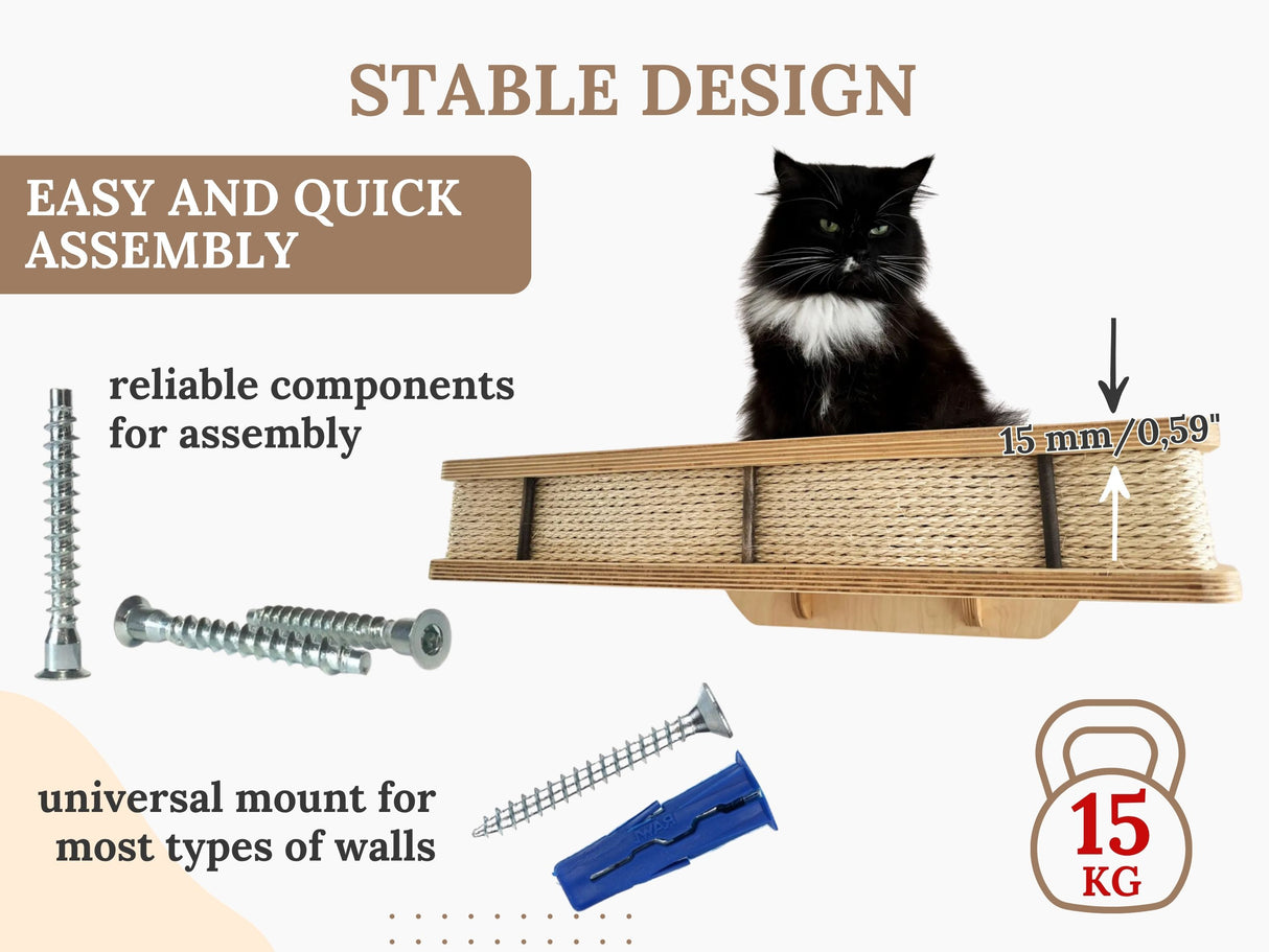 Cat shelf with assembly components and cat sitting on it, labeled 'Stable Design' and 'Easy and Quick Assembly'.