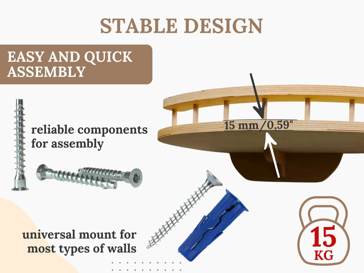 Wooden cat shelf with assembly components and text highlighting stability and assembly ease on a white background.