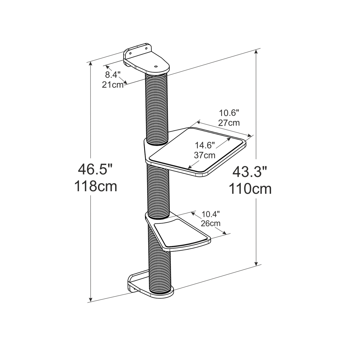 Wall Mounted Scratching Post With 3 Sections and 2 Shelves