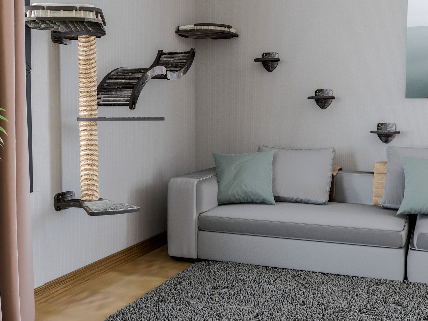 Living room with a gray sofa, cat tree, and shelves.