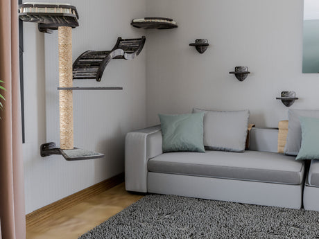 Living room with a gray sofa, cat tree, and shelves.