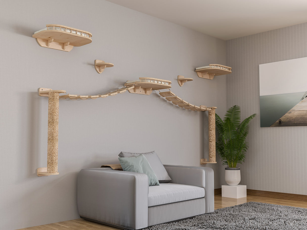 Modern living room with gray sofa, decorative wall lights, and cat wall furniture