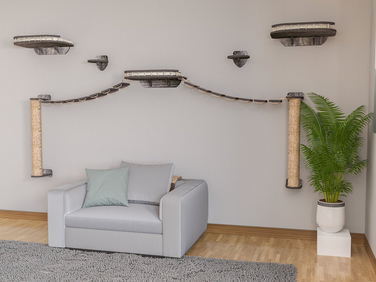 Cat play area with shelves and scratching posts against a white wall, featuring a gray sofa and a plant.