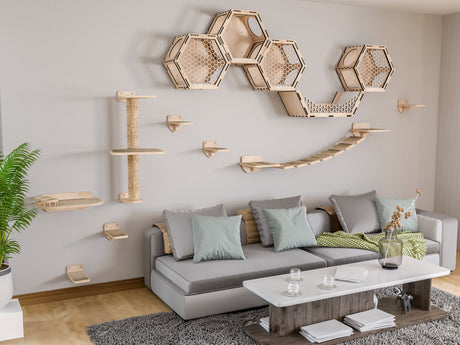 Modern living room with gray sectional sofa, hexagonal cat wall shelves, and a coffee table.