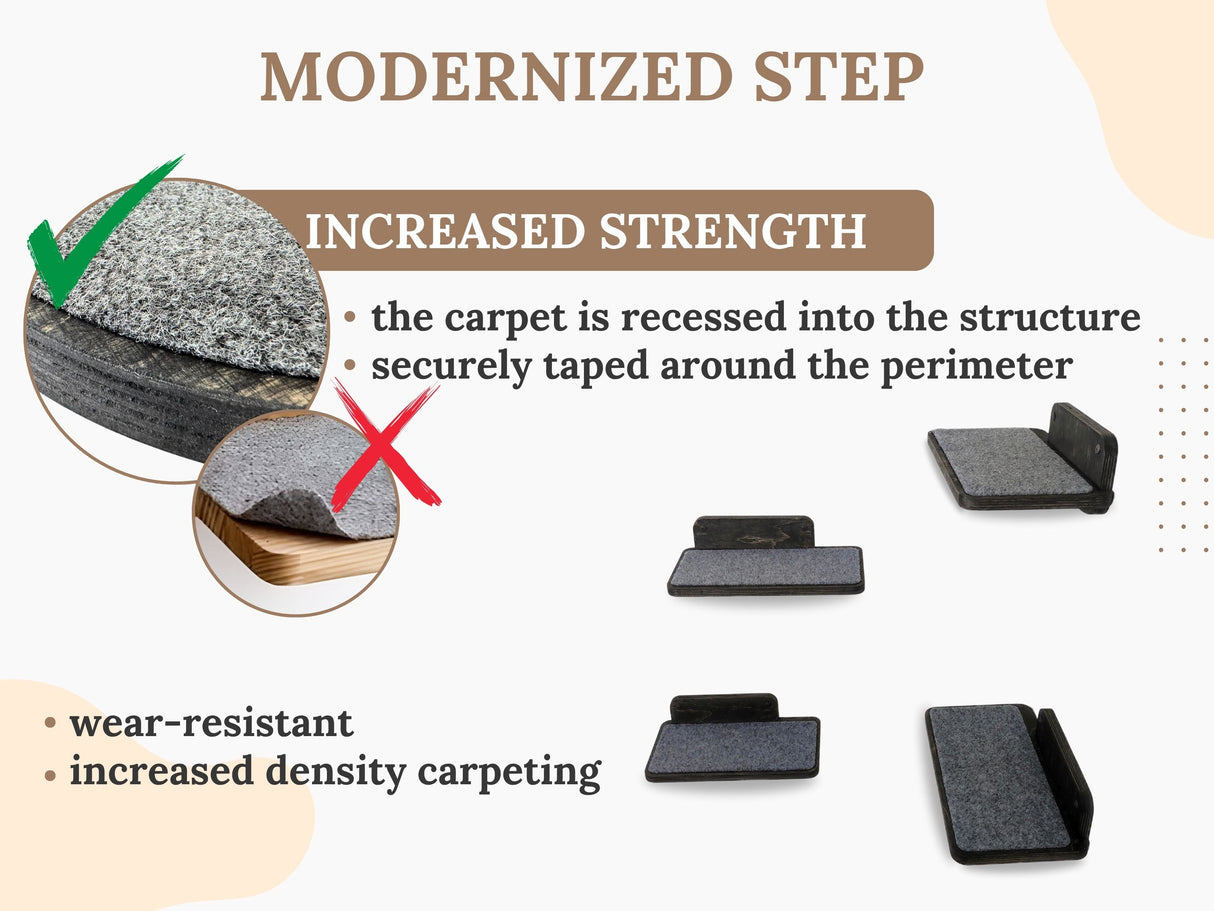 Diagram showing modernized cat step with increased strength features for carpet installation.
