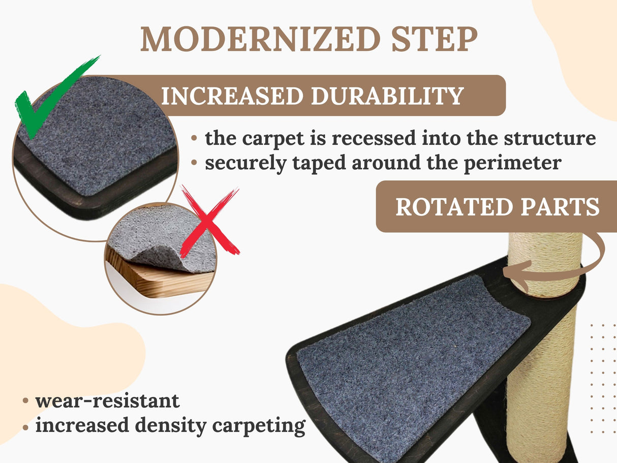 Diagram of a modernized cat step with increased durability features and a cat scratching post.