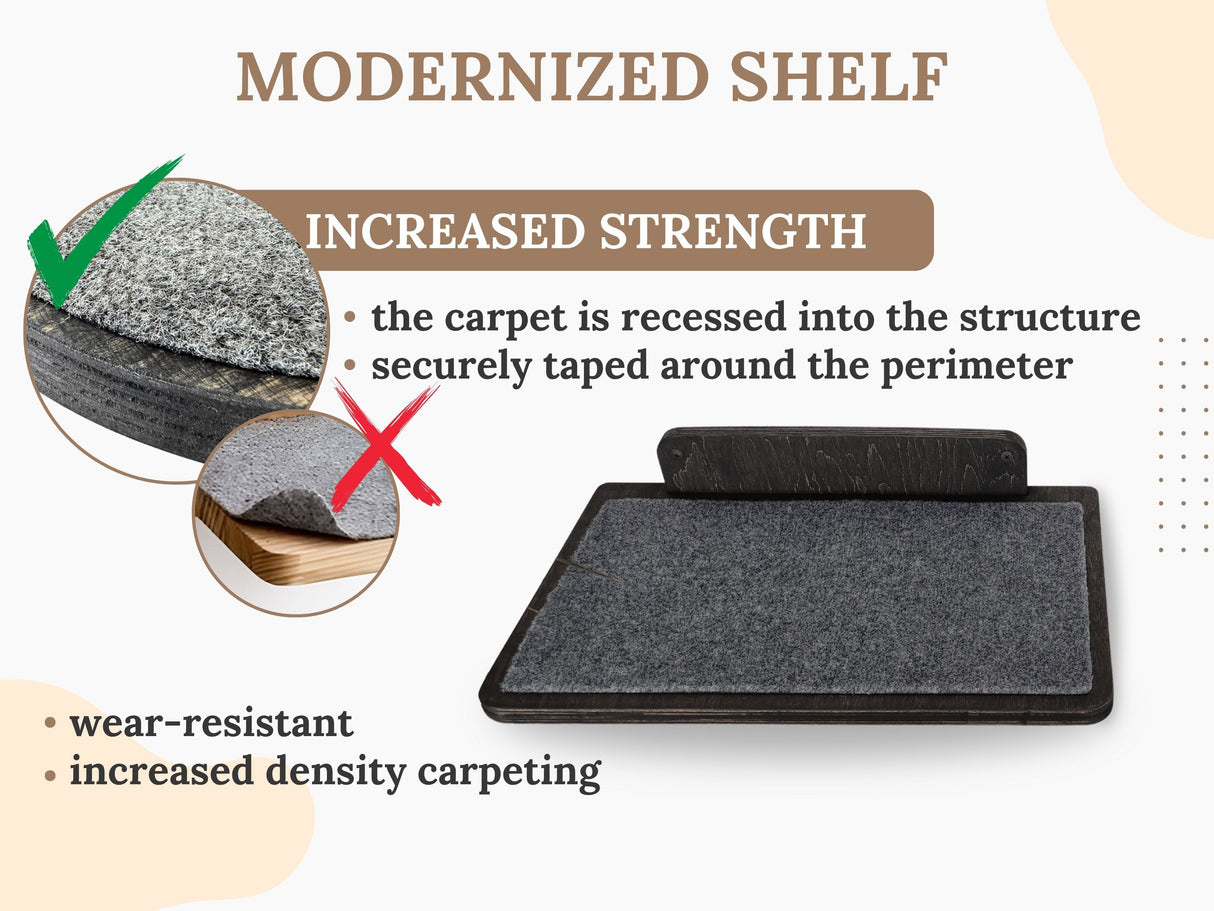 Modernized shelf with increased strength features, showing a close-up of carpet recessed into the structure.