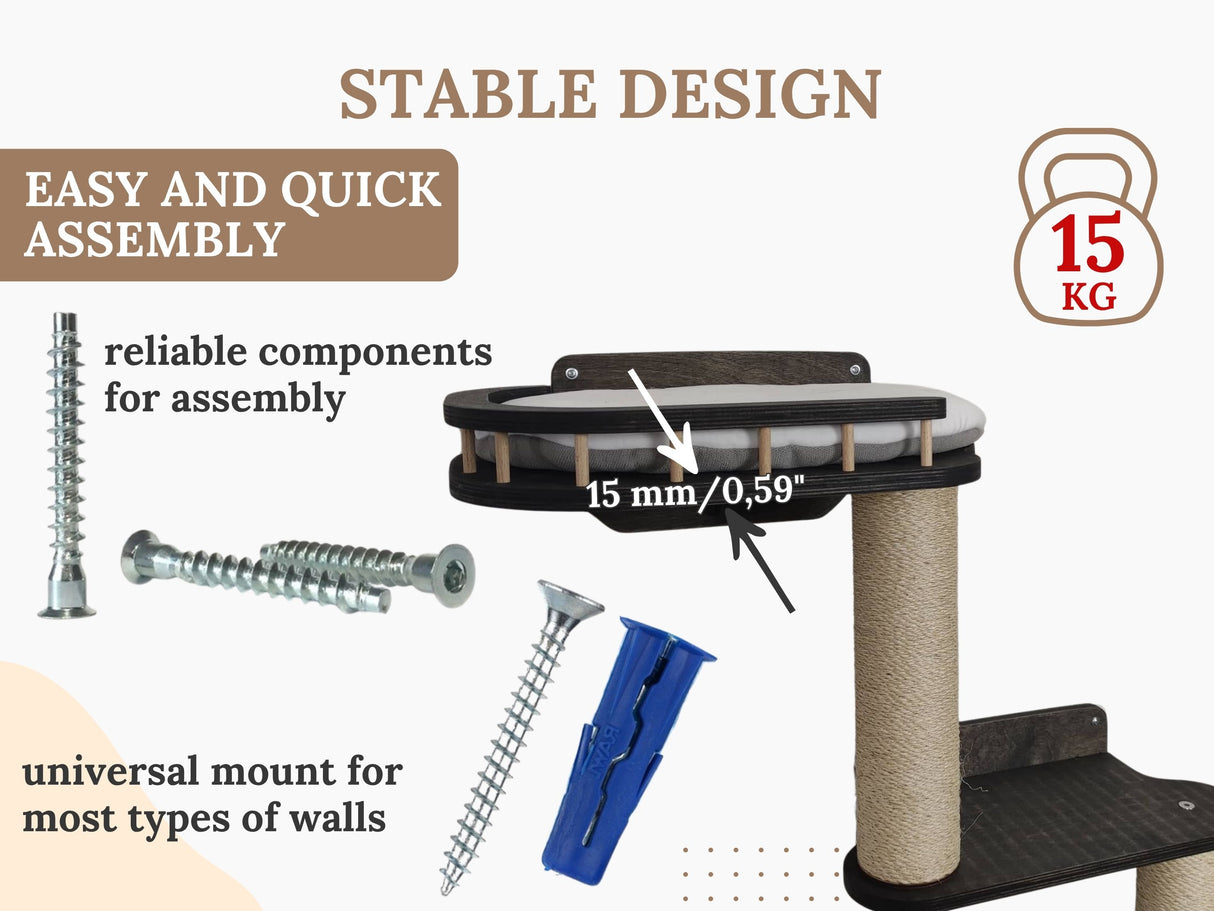 Cat tree with assembly components and stability features highlighted