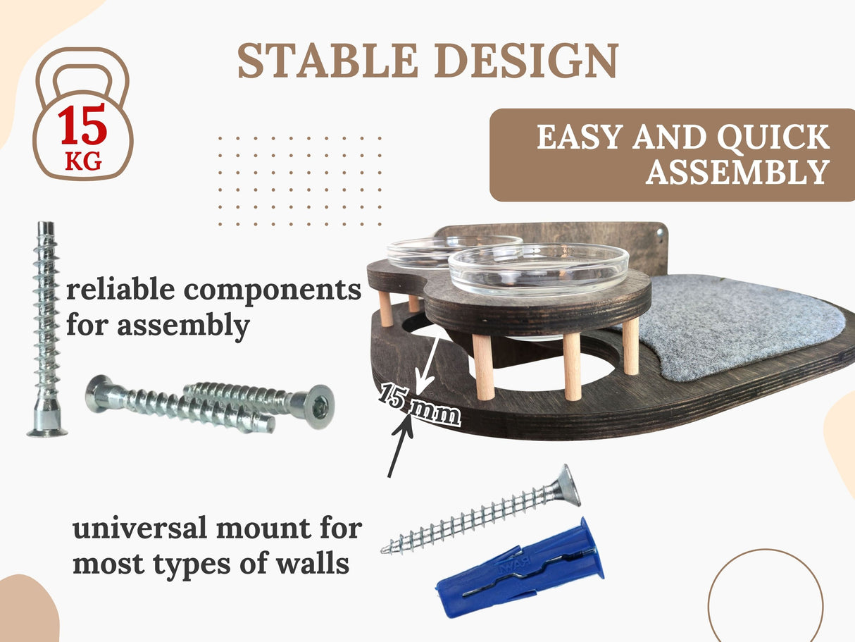 Cat feeding shelf in dark color - wall mounted