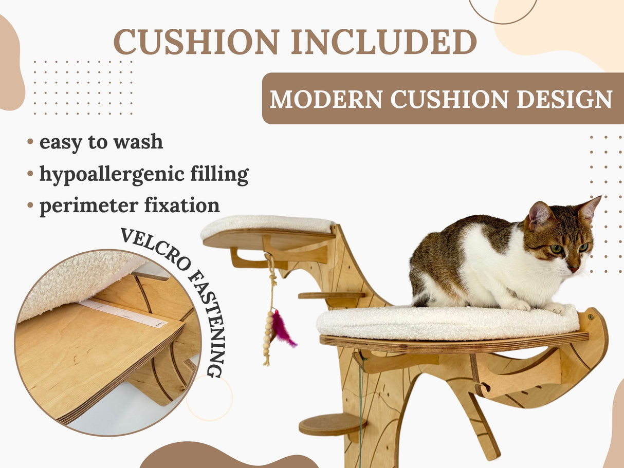 Cat tree with cushion and cat sitting on it, featuring text about cushion design and features.