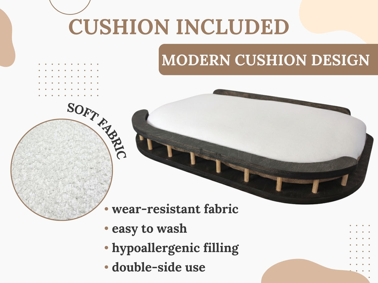 Modern cushion design with soft fabric, wear-resistant properties, and double-side use on a white background.