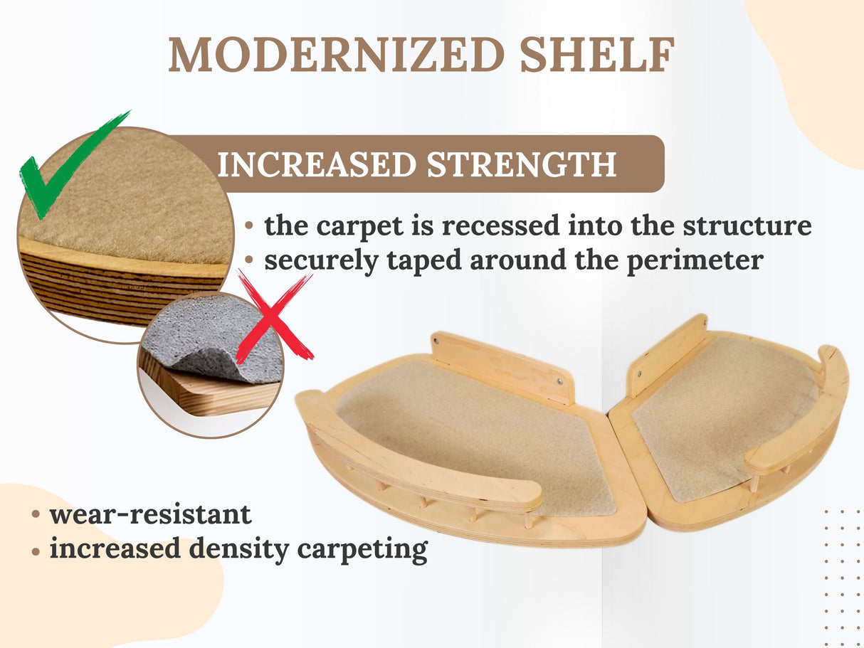 Diagram of a modernized cat shelf with increased strength features and text on a beige background.