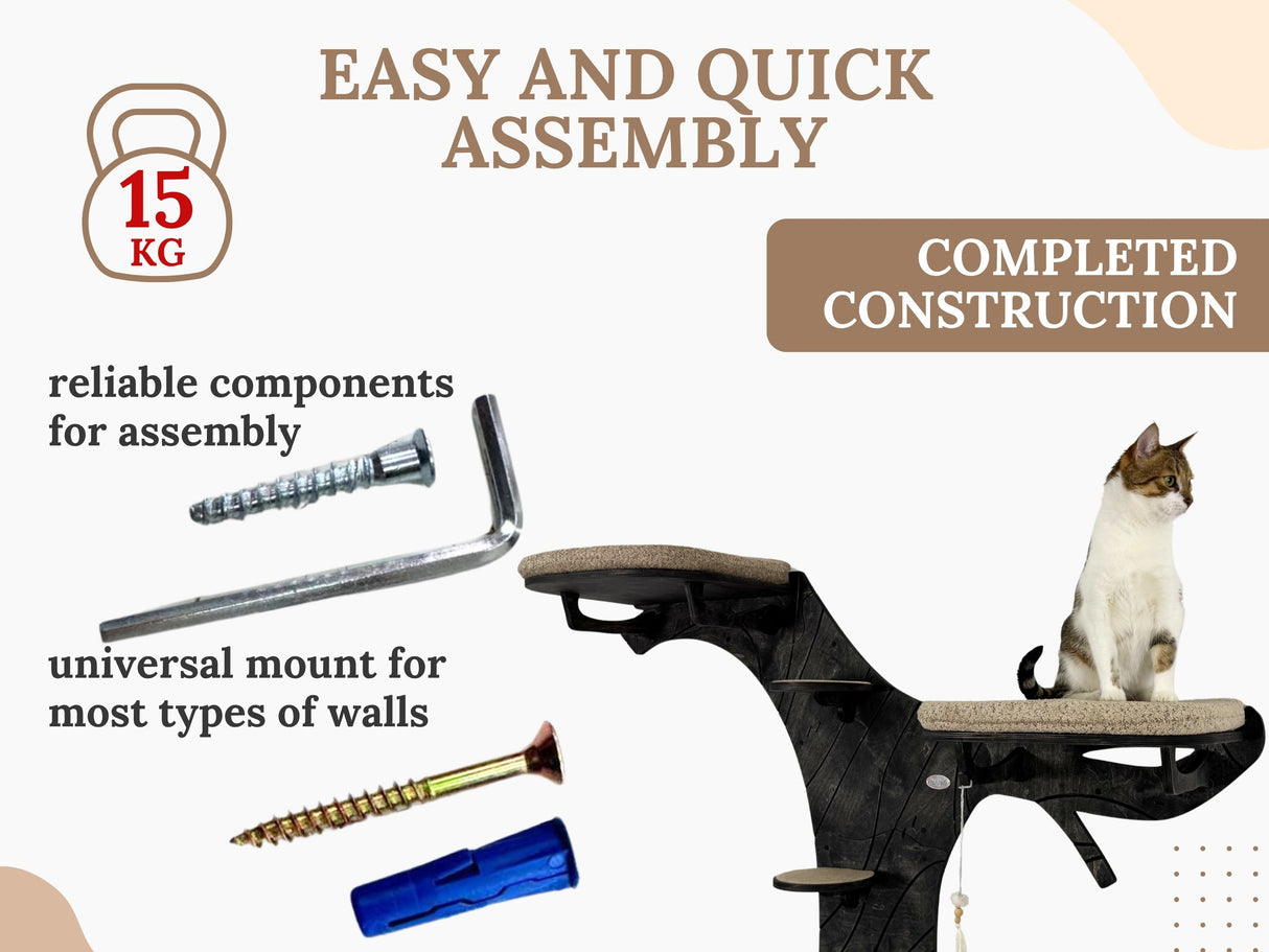 Cat tree assembly kit with tools and a cat on top, labeled 'Easy and Quick Assembly' and 'Completed Construction'.