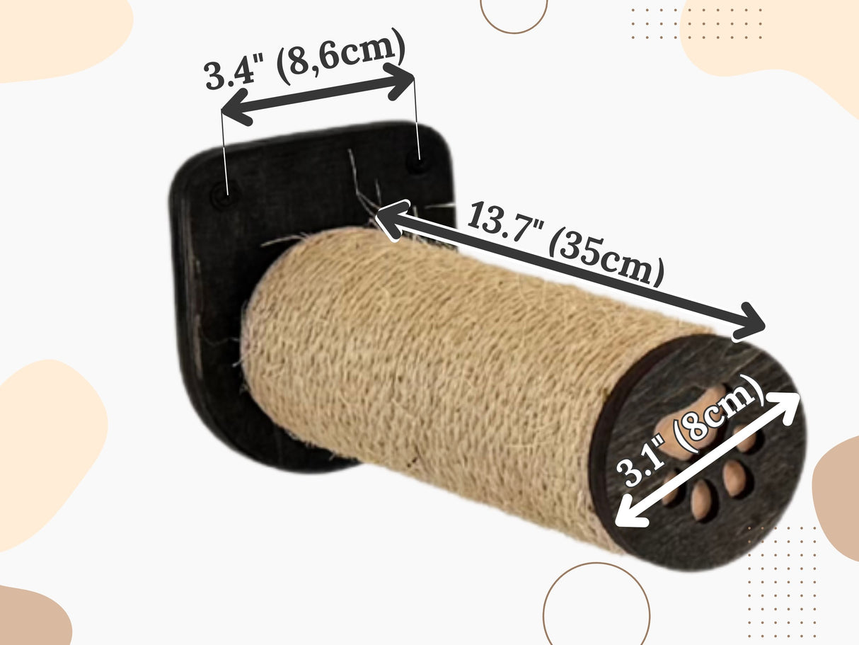 Measurement details of a cylindrical sisal cat wall step with dimensions labeled