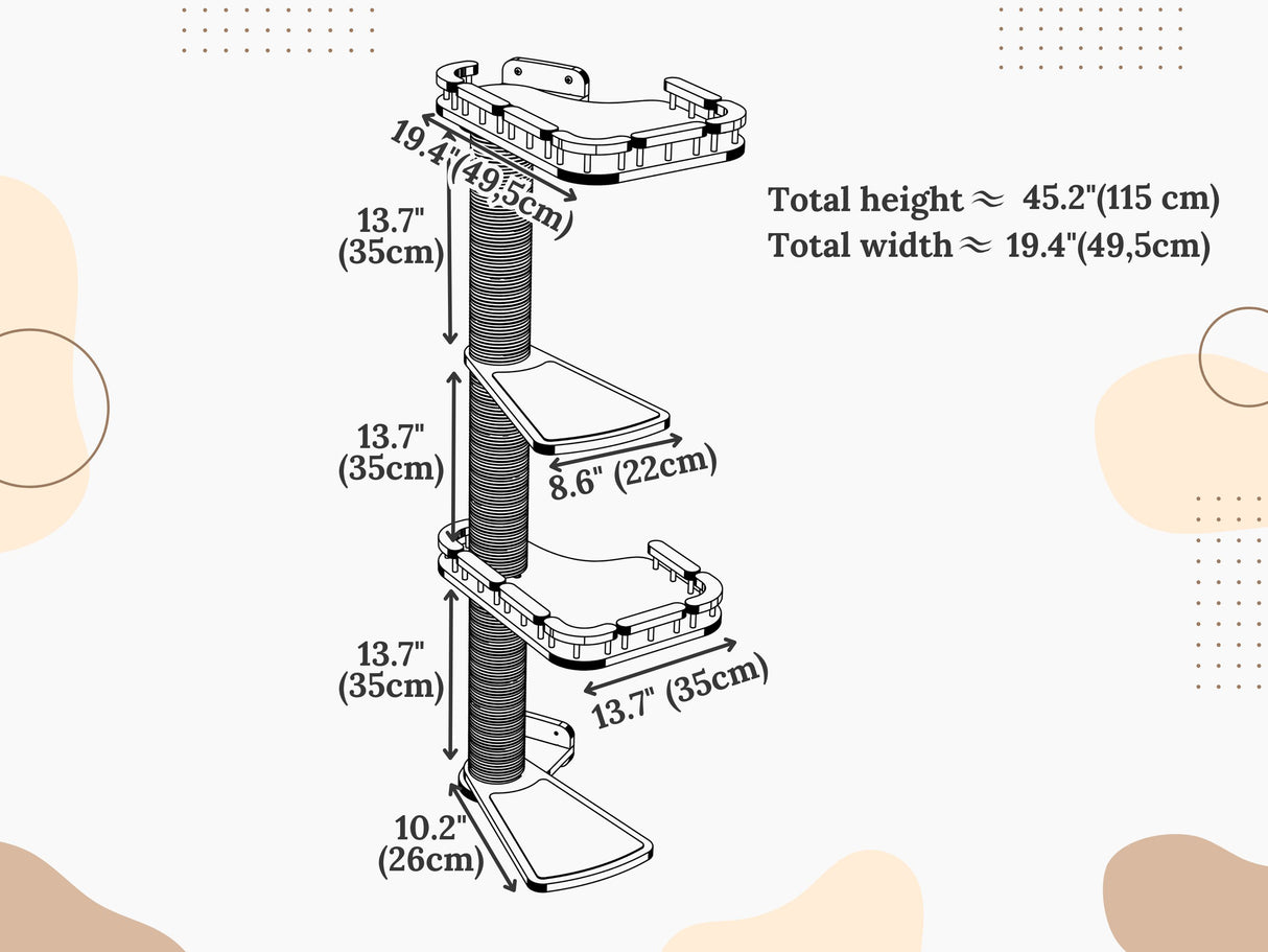 Measurement chart of a multi-level cat tree with dimensions labeled.