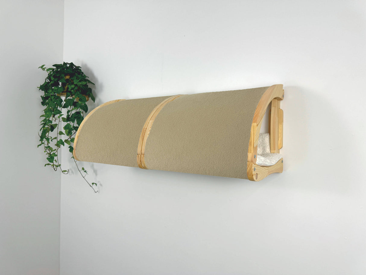 Wall-mounted cat bed with a plant on a white wall